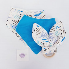 Bird Print Baby Bandana Bibs x2 & Rabbit Ear Teether Gift Set Handmade New