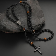 Rosary Beads with St Benedict charm-Volcanic Rock  (Blessed by Priest)