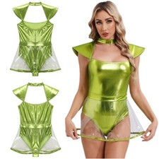 UK Womens Galaxy Astronaut Shiny Space Alien Cospaly Costume Jumpsuit Hollow Out