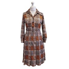 Vintage 70s Shirtwaister Dress  Jade Brown Geometric Plaid Check Tartan S 8