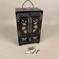 Vintage Chinese Lacquer Jewellery Box Mother of Pearl Inlay Brass Lock Key