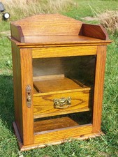 Antique Oak Collectors Cabinet with Drawer, Working Lock and Key, Glass Door