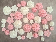 (04) Pink & White Edible Fondant Bouquet Sugar Flowers Cake Decorations
