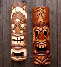 Tiki Bar Mask Bundle Wooden 50cm Handcarved Brown Garden Pub Decoration