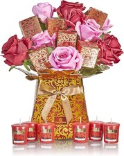 Luxury Candle Bouquet TheGiftBox Faux Flowers & Scarlet Rose Candles RRP £45 New