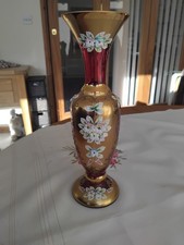 Tall Pinky Red Bohemian Glass Vase Gold Overlay Raised Enamel Floral Decoration