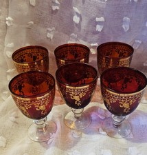 6 Ruby Red and Gold Wine Glass / Goblet Set Vintage Stunning Glassware Tableware