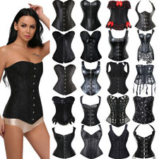 Women Black Overbust Boned Corset Basque Burlesque Top Lace Up Costume Size 8-24
