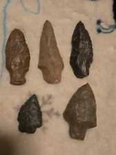 LOT OF FIVE ancient Indian Arrowheads - TENNESSEE - 1 3/8 To 2 1/2 Inches Long