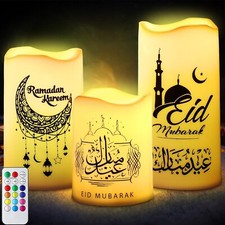 3 Pcs Eid Mubarak Flickering Flameless Candles Ramadan Decor LED Battery Operate