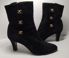 CHANEL Vintage 1996 CC Mark Logo Turn Lock Ankle Boots Black Suede Gold Logo