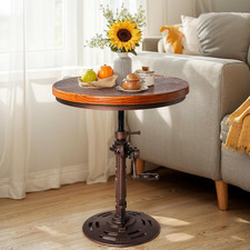 Round 19.6'' Metal Wooden Side Table Industrial Style Tea Table Hand Crank Adjus