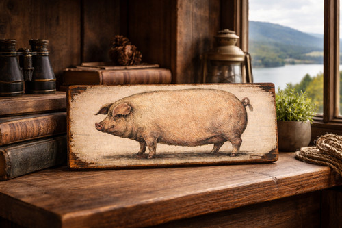 Pig art print wooden - on,