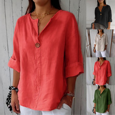 UK Ladies Cotton Linen Long Sleeve Tee Tops Loose Shirts Summer Oversized Blouse