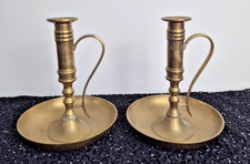 matching pair of Brass Chamber Candlestick Holders with Handle Tray Vintage 7.5”