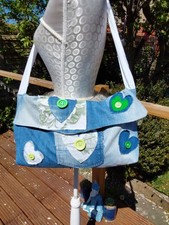 Faded  Denim Hearts Flowers Patches Ajustable Strap Washable Bag