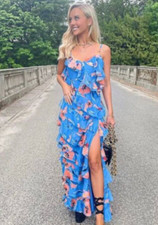 Forever Unique size 12 Blue And Orange Ruffle Maxi dress with side split, BNWOT.