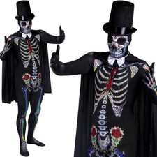MENS DAY OF THE DEAD COSTUME MR SKELETON COSTUME TOP HAT HALLOWEEN FANCY DRESS