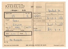 Wagons-Lits sleeper train ticket from 1957 - Paris to Genoa (Genova)