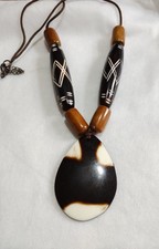 Vintage Tribal Statement Necklace In Carved Bovine Bone 24+2 Inches Boho Ethnic