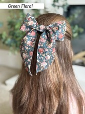 Girls Green Floral Bow Hair Clip Women’s Handmade French Barrett Clip 