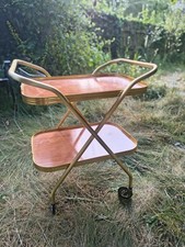 Vintage Retro Gold Metal Folding Tea Drinks Trolley Wood Effect Trays