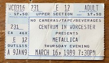 Metallica concert ticket stub March 1989 Vintage Centrum Worcester MA used old