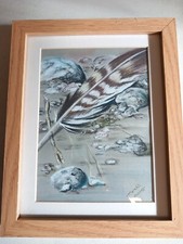 FINE MIXED MEDIA PAINTING ABSTRACT FEATHER ON A BEACH