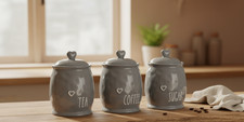 Set Of 3 Ceramic Multicolour Tea Coffee & Sugar Storage Heart Jars Shabby Chic