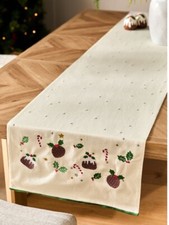 Next New Christmas Pudding 100%Cotton Embroidered Table Runner