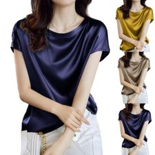 Soft and Shiny Women Office Lady Tops Satin Short Sleeve Blouse Shirts