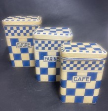 VINTAGE SET 3pc FRENCH ENAMEL STORAGE TINS SUCRE FARINE CAFÉ BLUE CREAM CHECKS