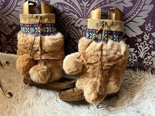 Vintage Real Fur Mukluk Boots Embroidered and Beaded UK 4 to 5 / EU 37 to 38
