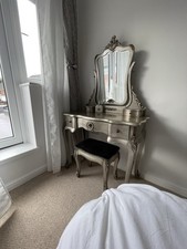 French Silver Dressing Table Vanity Makeup Desk With Mirror And Stool