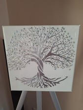 Silver Sparkling Tree Of Life Wall Hanging Canvas Embellished With Crystals