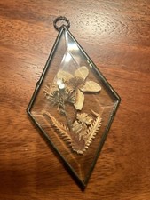 Vintage Yellow Pressed Flowers In Leaded Glass Window Wall Hanging Diamond Shape