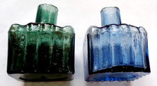 Two Antique unusual colour Green and Blue Square Ribbed Glass ink bottles.