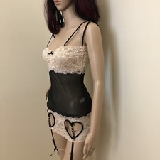 Lovers Lingerie Sheer Black Garter Chemise-Pale Pink Lace Trim-Pink Rhinestone