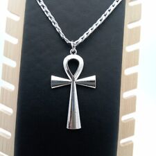 Ankh Necklace Key of Life CROSS Pendant & 24" Curb Chain Big Vintage silver Tone