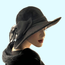 Vintage Black Hat Charter Fedora Hat Large Chiffon Bow & Fringed Scarf