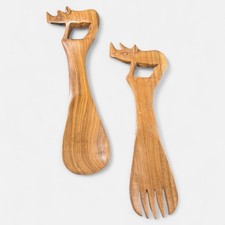 Vintage Wooden Salad Servers Spoon Fork Set Rhino Carved Handles