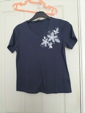 Ladies T Shirt. Bonmarche.Size S. Navy. Floral detail, sequins. short sleeve. 