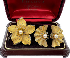 THEODOR FAHRNER D PARURE SET EARRINGS BROOCH CULTURED PEARL GOLD STERLING SILVER