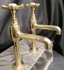 BRASS PILLAR TAPS BELFAST KITCHEN SINK TAPS, RECLAIMED, REFURBED 10 CM SPOUT