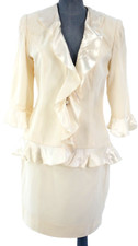 Womens Skirt Suit Ivory Vintage Tailored Frill Silk Trim Two Piece 90s Size UK 8