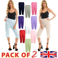 3/4 LENGTH WOMENS LADIES STRETCH ELASTICATED WAIST PLAIN PANTS CROPPED TROUSERS
