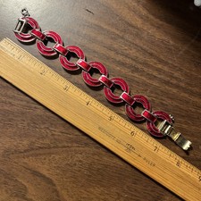 Vintage STYBRO Marked RED GUILLOCHE Enameled Gold Tone Bracelet