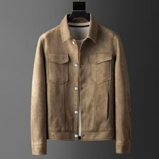Stylish Mens Suede Leather Cargo Short Jacket Autumn British Resistant