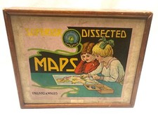 Antique Wood Boxed, “Superior Dissected Map" of England and Wales Wooden Puzzle