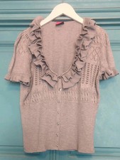 G21 Short Sleeve Cardigan Ruffle Collar Size 8 Grey 